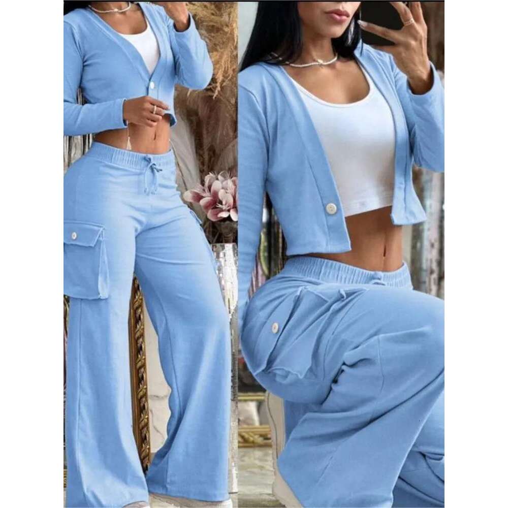 Women's Spring Summer New Fashionable Solid Color Printed Sexy Waist Short Top Casual Pants Set For Women