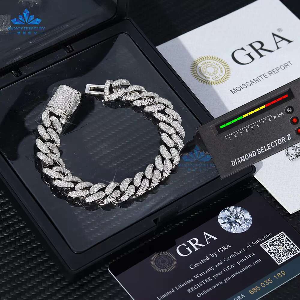 Miami Cuban Chain Iced Out Moissanite Bracelet Hip Hop Jewelry 925 Silver for Men Gift Box Womens Charm Bracelets Cuban Link