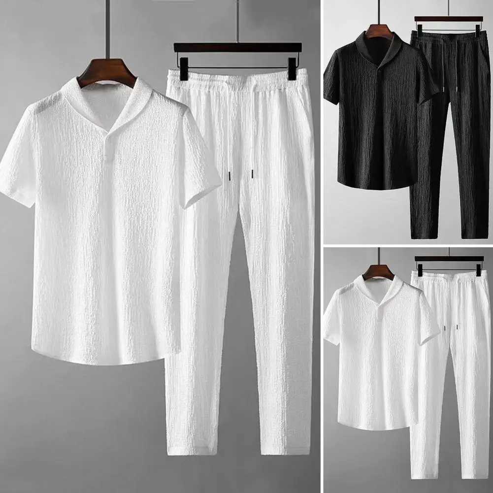 2-piece/set summer mens elastic waistband pleated casual mens short sleeved pants set mens clothingXJ250412