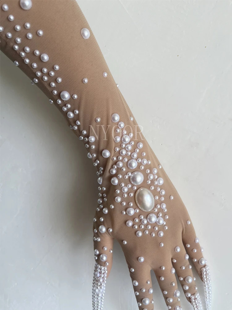 White Pearls Women Gloves Evening Party Club Wear Drag Queen Show Sing Dance Stage Performance Costume Poshoot Gloves 250408