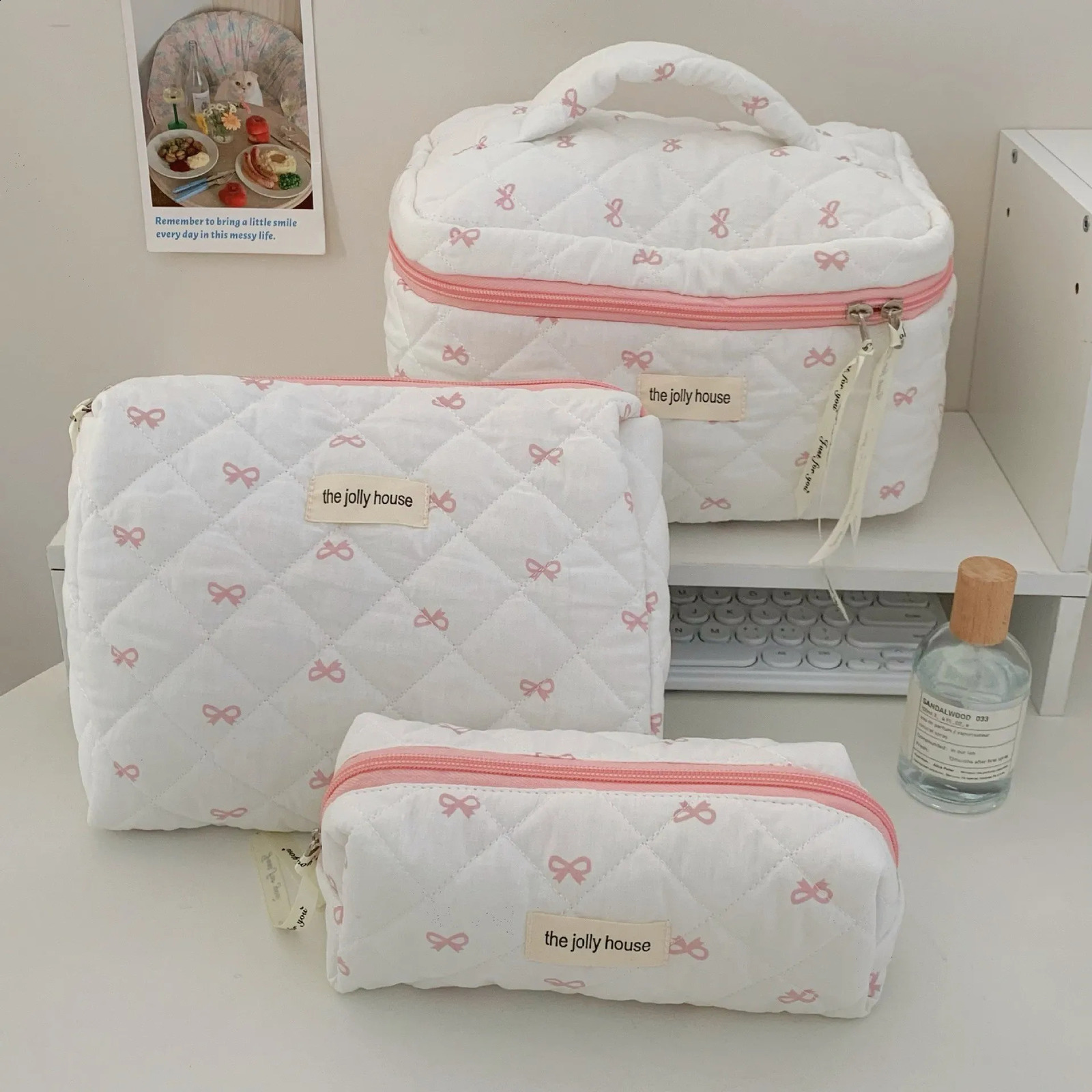 Fashion Cherry Handbag Womens Makeup Bag Portable Cute Womens Cosmetics Toilet Storage Bag Handbag Cotton Quilted Zipper Bag 250410