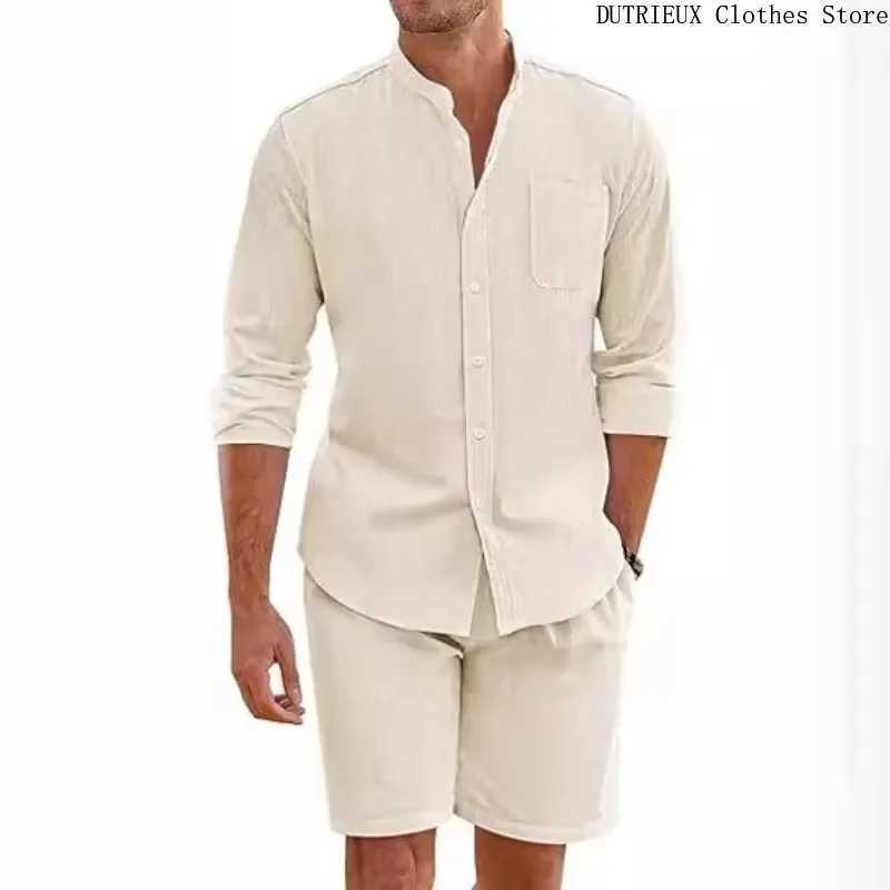 Soft and comfortable solid color mens shirt and shorts summer mens cotton linen long sleeved shirt two-piece setXJ250412