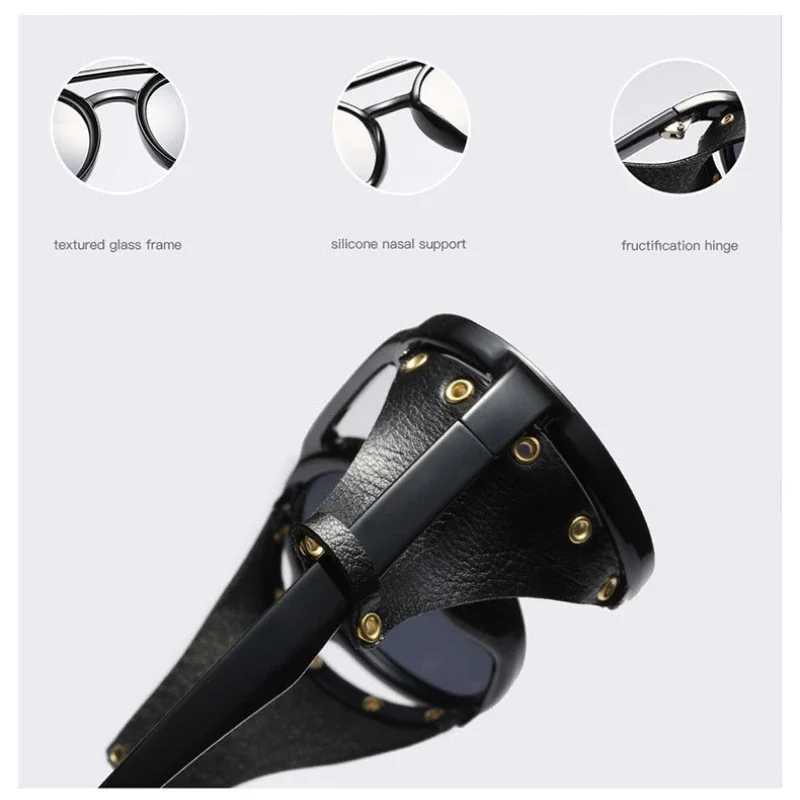 New Punk Style Round Frame Sunglasses UV Protection Men and Women Fashion Sunglasses Personalized Leather Inlaid Glasses Z250411