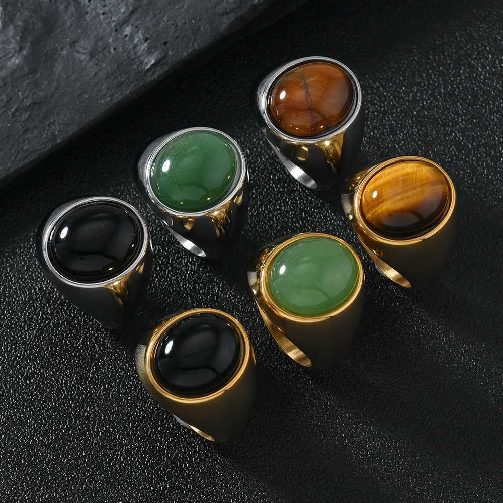 HNSP 316L stainless steel oval natural stone ring suitable for men women fingers vintage jewelry black green tiger eye stone ringsXJ250412