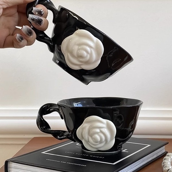 Designer Irregular Camellia Bone China Luxury Cup Set, Elegant Coffee Cups, High-End Ceramic Mugs with Saucers, Complete Set, Sophisticated Gift