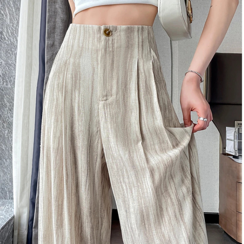 2025 Summer Tencel Linen Pants Women High Waist Tie-Dye Texture Thin Sunscreen Wide Leg Trousers 250411