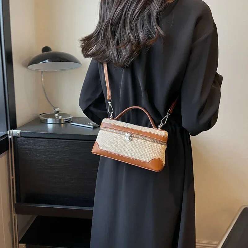High quality canvas women's box shoulder on sale 2025 new zipper patchwork sewing thread makeup fashion crossbody bag
