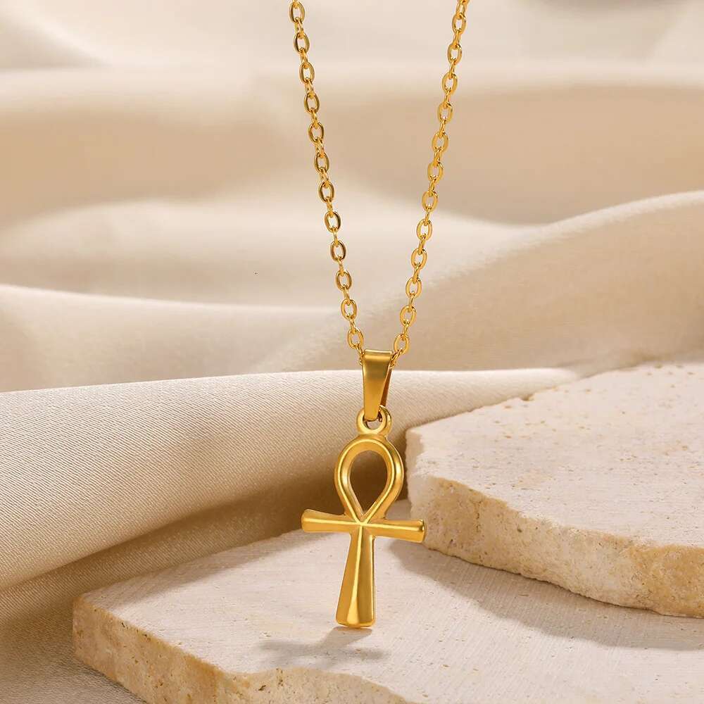 Religion Egyptian Ankh Crucifix Necklaces Gold Color Cross Charm Choker Stainless Steel Symbol of Life Jewelry Gifts Women Men
