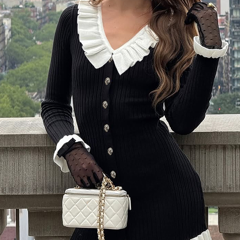 Women's color-block sweater dress cardigan long-sleeve fitted and slim-fit dress best-selling long sweater for the back-to-school season---NBL200