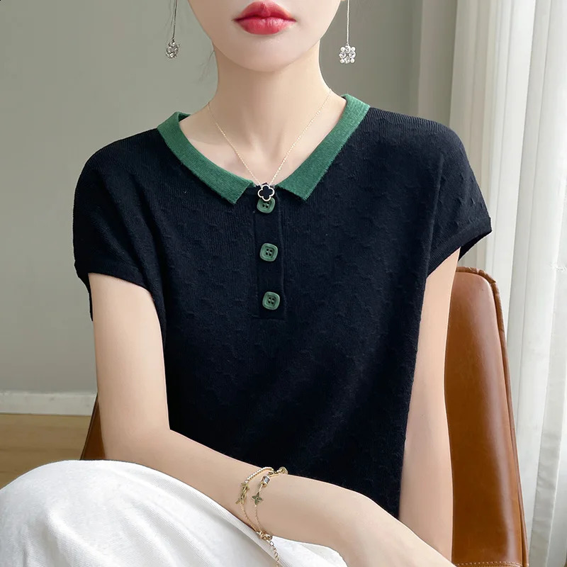 Womens T-shirt Summer Worsted Knitted Sweater Short Sleeve Casual Splicing Ladies Clothes POLO Collar Tops Loose Tees 250411