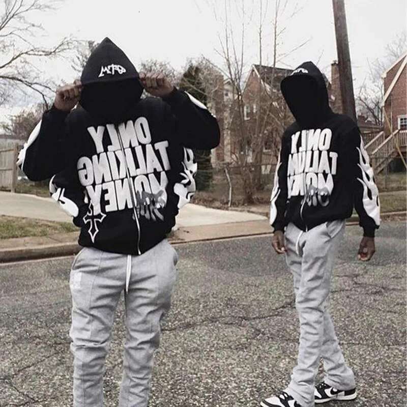 Y2k Flame Letters High Hip-Hop Campus Loose Zipper Hoodie Men Gothic Haruku Casual Street Oversized Sweatshirt Unisex
