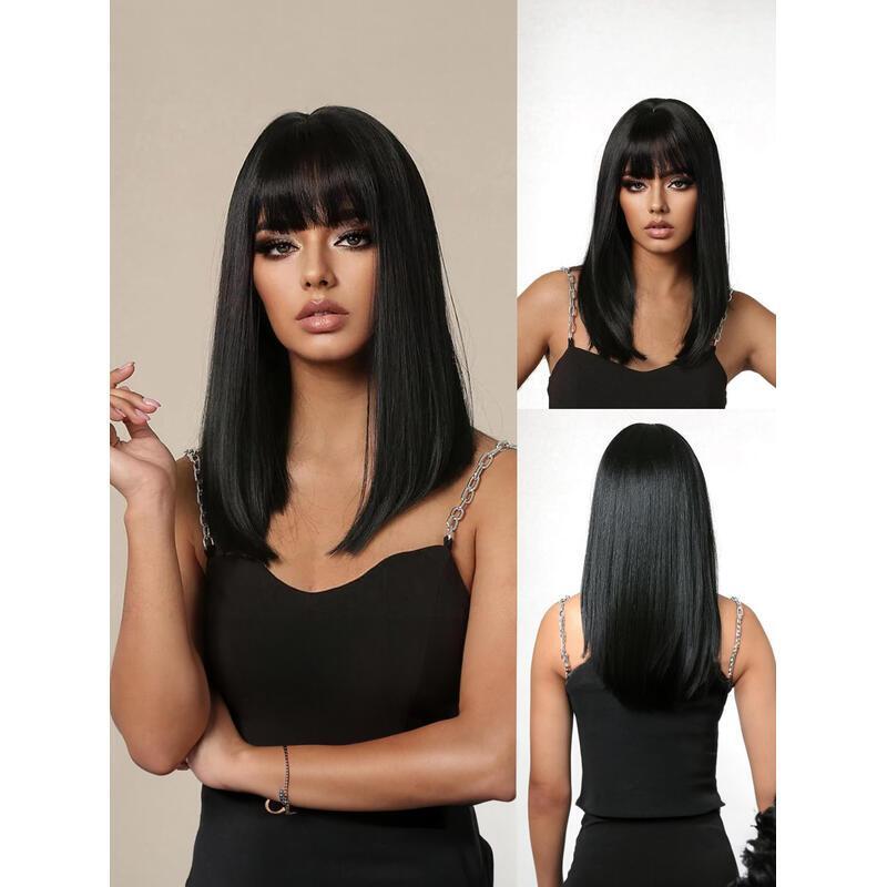 Medium-length straight hair fully hined 14 inches natural heat-resistant fiber high temperature silk dyeable and permable bangs synthetic wig Short Bo