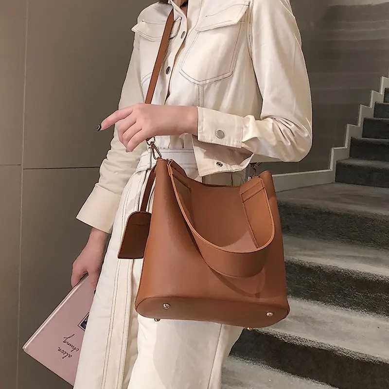 2-piece/set Fi designer Pu leather womens handbag good casual womens handbag womens black bucket womens shoulder cross body bagXJ250412