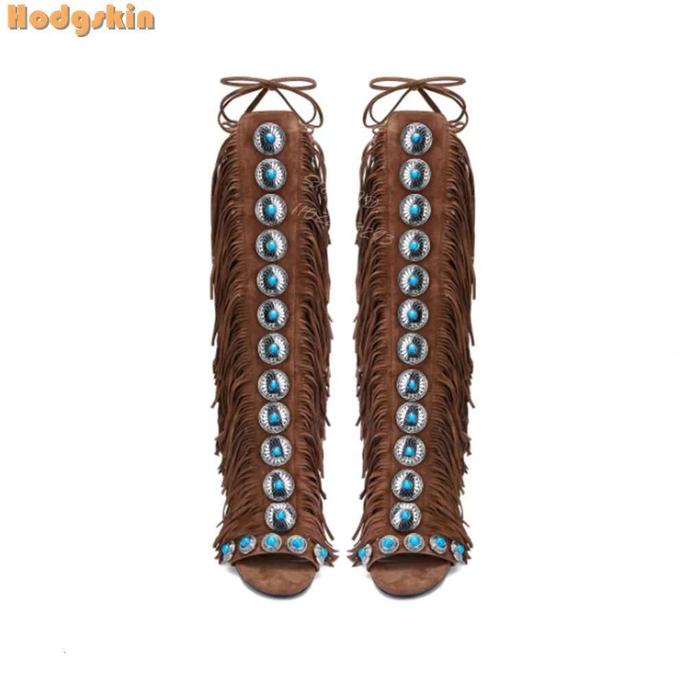 Fringe Cross-tied Stilettos Sandals Round Toe Buckle Decor Back Straps Lace-up Thin High Heels 2025 Women Fashion Shoes Bohemian