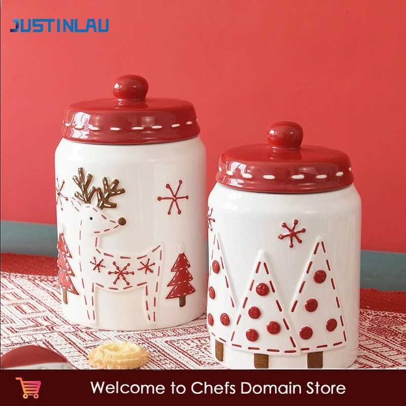 Christmas JUSTINLAU Santa Claus Elk Tree Round Ceramic Sealed Jar Candied Dried Fruit Nut Food Storage Container Kitchen Accessories Y251112
