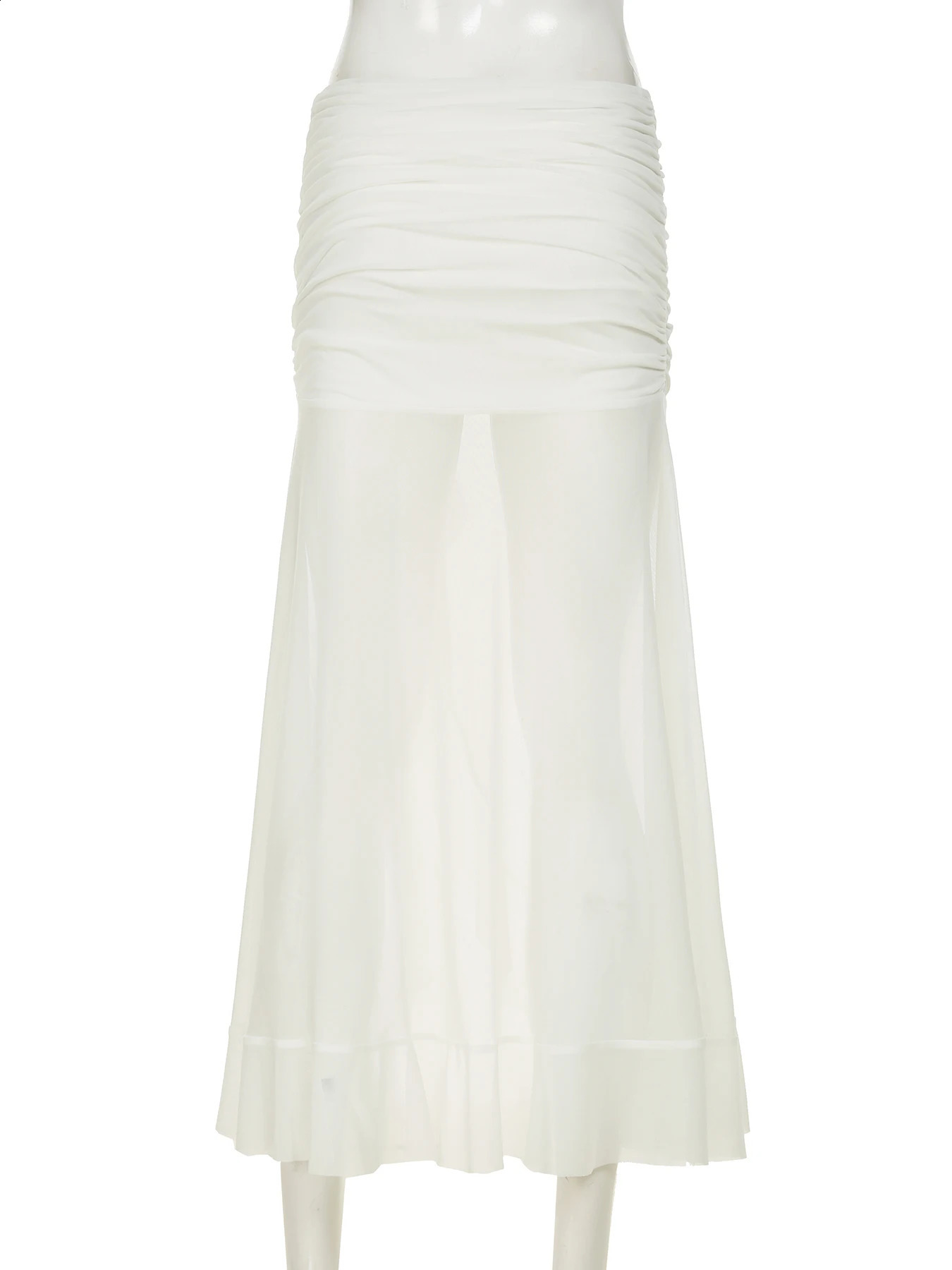 IAMSURE Holiday Ruffles Split Mesh Skirts See Through Beach Style Solid Low Waisted Maxi Skirts Women Summer Fashion Women 250408