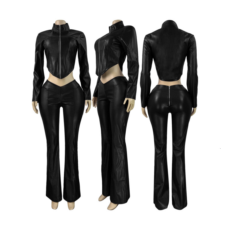 Womens Tracksuits Two Pieces Set 2025 New Fashion Slim Fit Zipper Stretch Leather Jacket Casual Flared Pants Sportwear 2 Colors