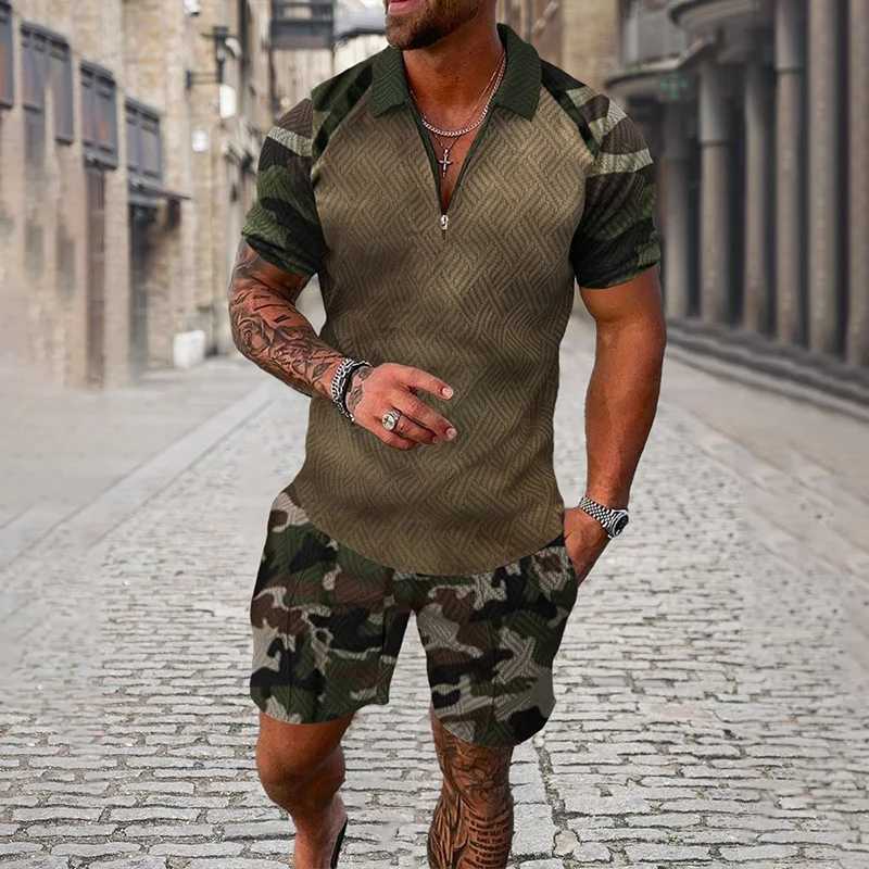 Zipper polo shirt 2-piece set for holidays and summer new mens 3D printed beach style casual clothing oversized and high-qualityXJ250412