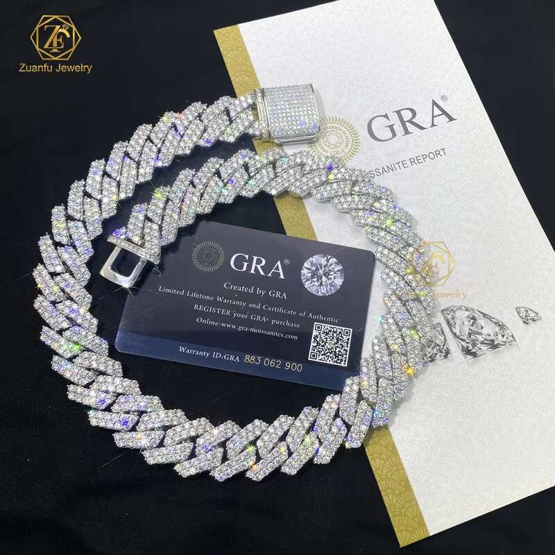 High Quality Hip Hop Jewelry 20mm 925 Sterling Silver VVS Moissanite Diamond 2 Rows Iced Out Cuban Link Chain Necklace for Men