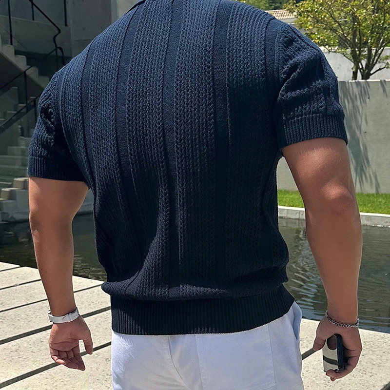 2025 Spring Summer Casual Mens Mesh Polo Shirts Slim Fit Knitted Short Sleeve Polo Tops Men Vintage Lapel Solid Color Pullovers 250409