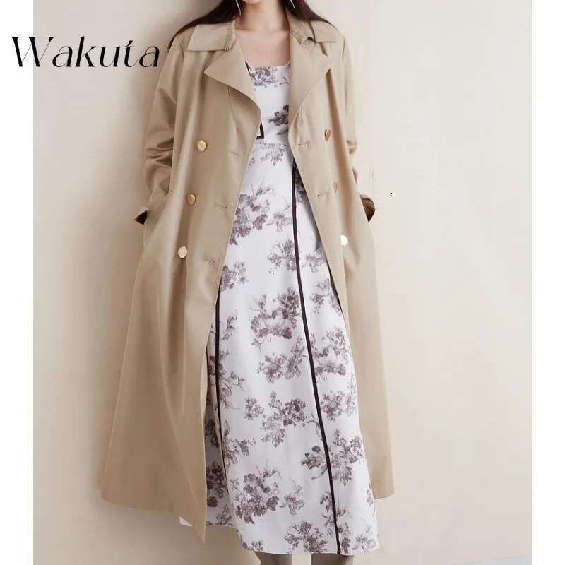 WAKUTA Japanese Elegant Lapel Long-Sleeved Belted Trench Coat Fashion Double-Breasted Belt PU Splicing Middle-Length Y2k Jackets