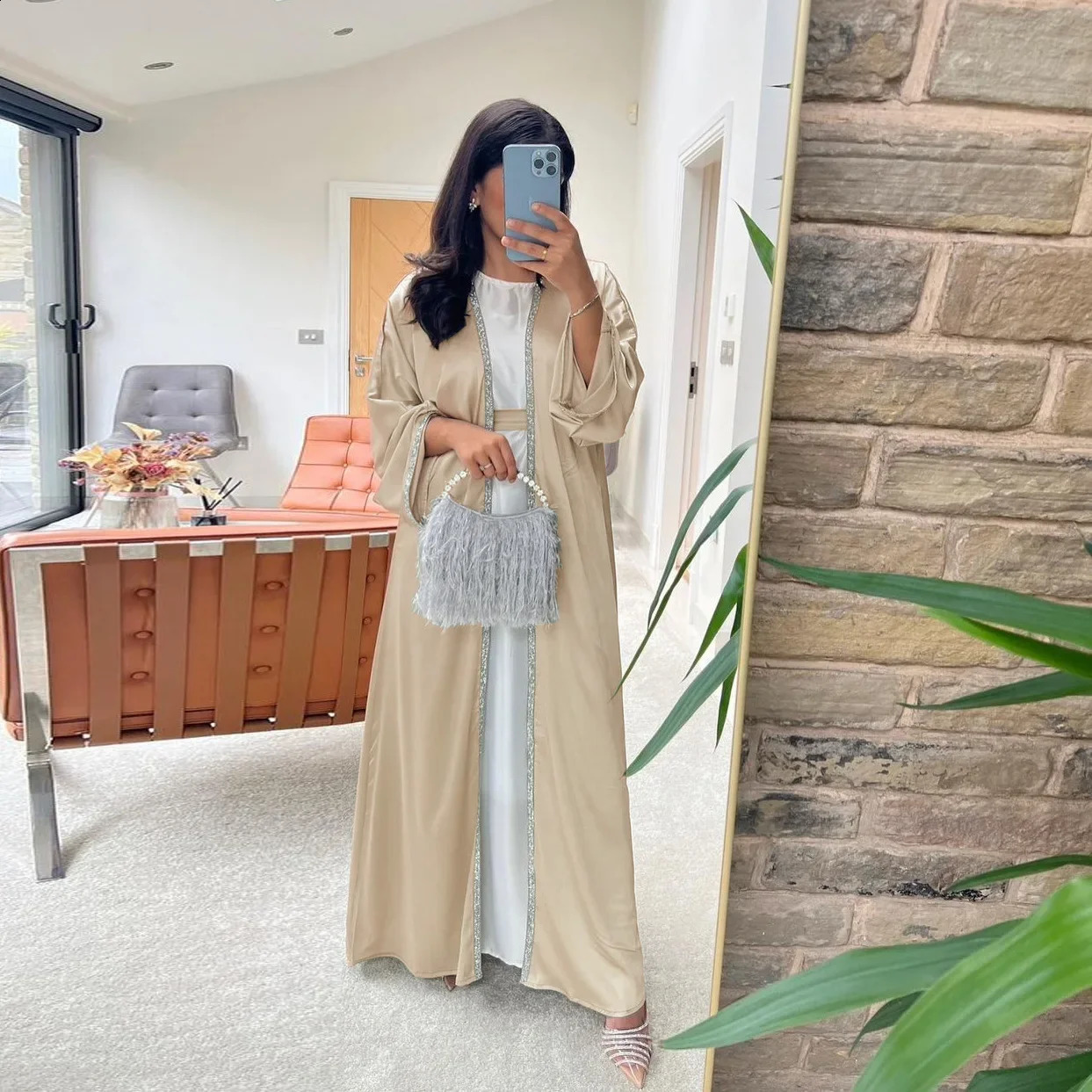 ALSEY Stamping n Womens Fashion Satin Outer Slimming Dress White Inner Abaya Spring Collection 250411
