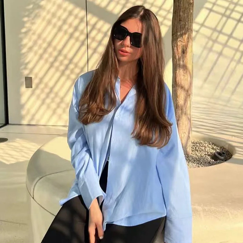 TRAF Women Shirts Blouses Spring Summer 2025 Blue Oversized Shirt Button Up Long Sleeve Blouses Chic Casual Tops Shirts 250411
