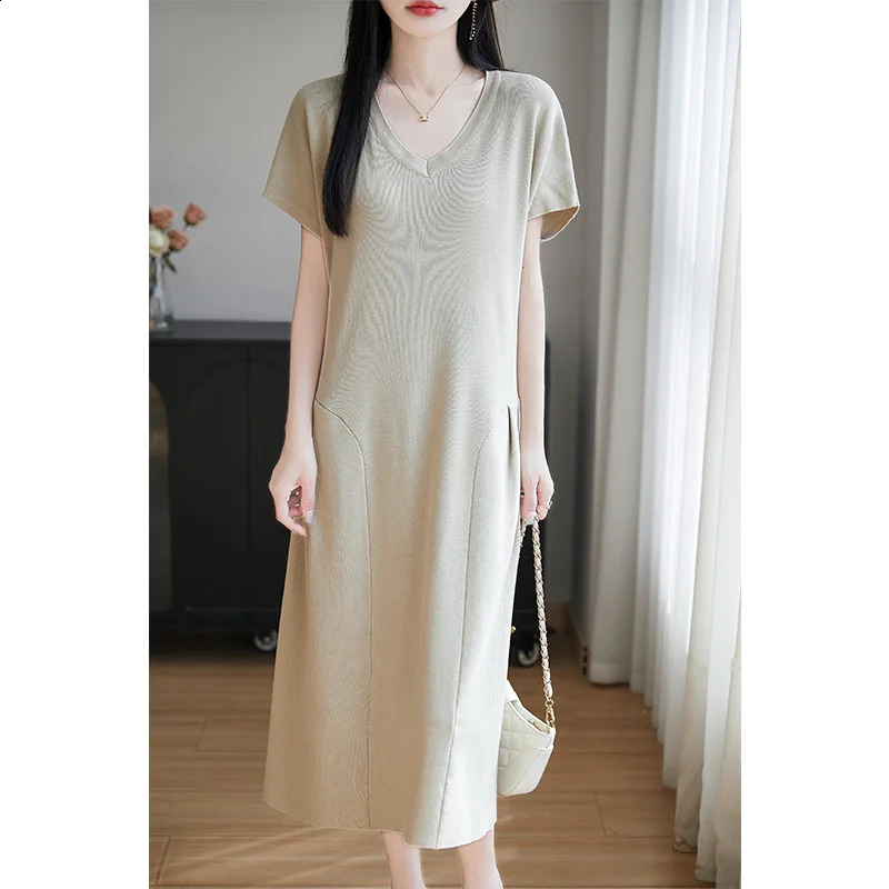 V-neck Short Sleeve Dress Womens 2025 Summer Loose Fashion Casual Knitted Vest Skirt Qu Zhu Ice Silk T-shirt Dress 250411