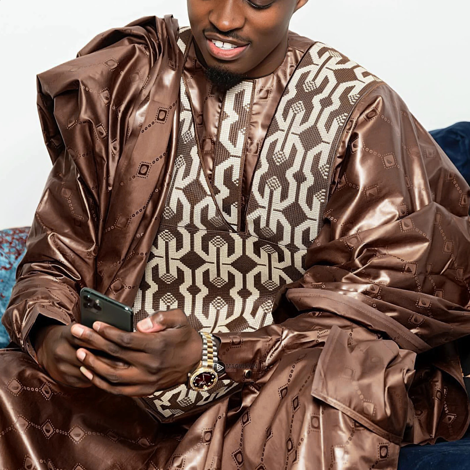 African mens traditional Bazin Riche y n long sleeved 3piece set 250411
