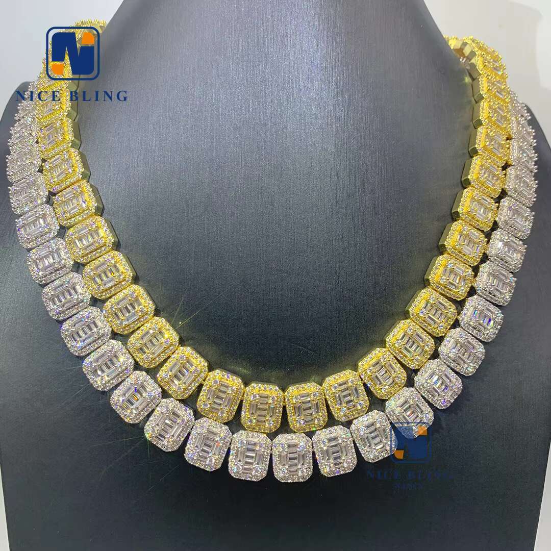 Full Moissanite Diamonds 925 Sterling Silver Cuban Link Necklace VVS baguette Moissanite Iced Out Jewelry