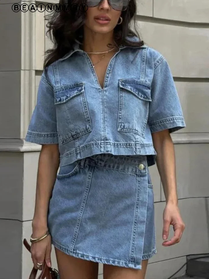 Street Denim Hem Mini Skirt Set Women Lapel Loose Short Sleeve Cropped Tops Irregular Shorts Suit 2025 Y2k Solid Outfits 250411