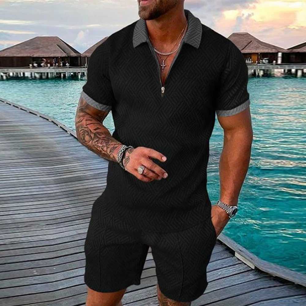 Mens sports T-shirt set casual mesh lapel short sleeved lapel top+short sleeved 2-piece solid thin sportswear black 2-piece setXJ250412