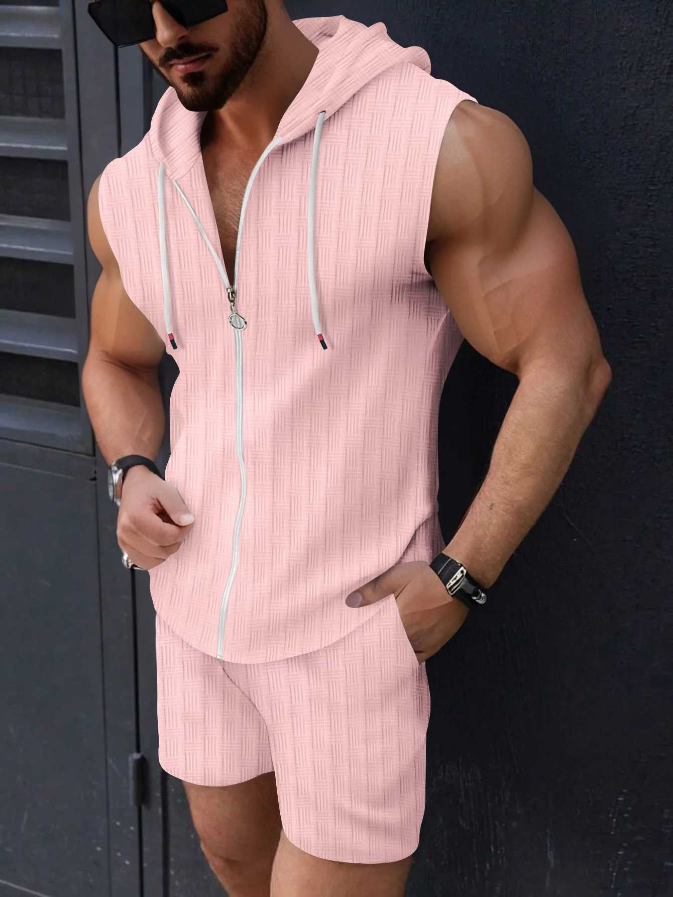 Summer mens new fashionable hooded sleeveless solid color sun protection clothing lace up shorts muscle sports jacquard suitXJ250412