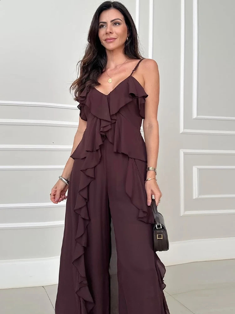 Casual Chiffon Ruffles Pants Womens 2 Piece Sets V-neck Sleeveless Split Tops Loose Wide Leg Trousers 2025 Summer Lady Outfits 250411