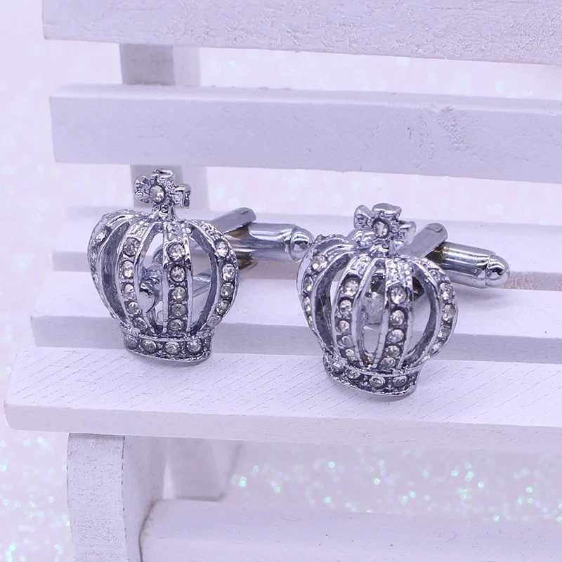 1 pair of crown shirts gold king queen wedding groom evening gown jewelry fashion classic French crystal mens cufflinks party giftT250412
