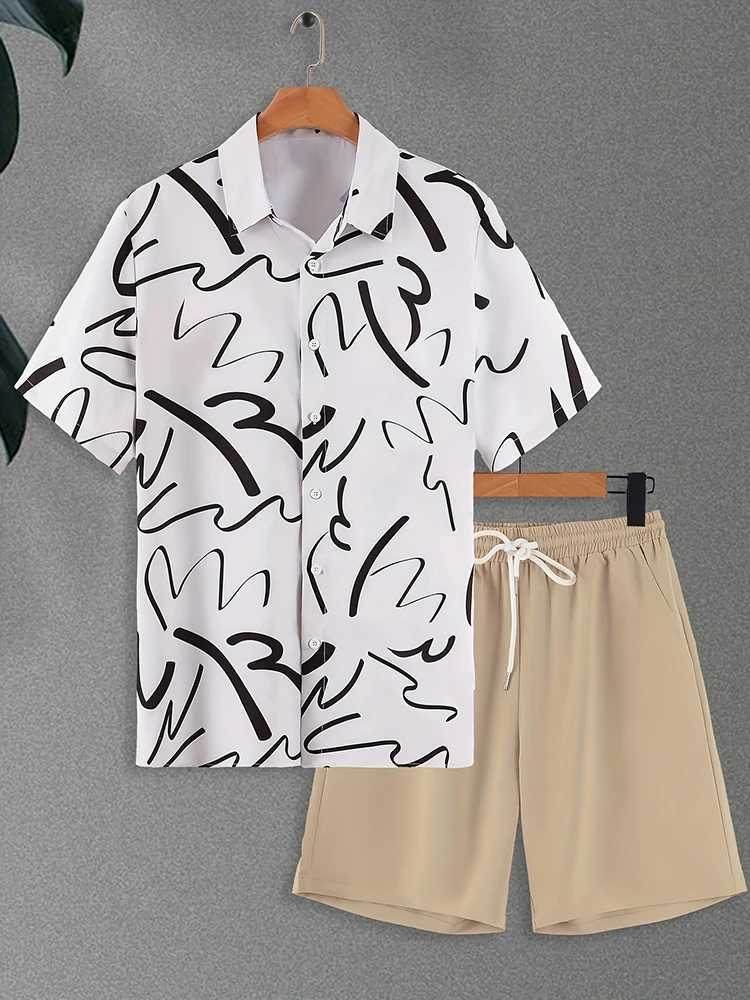 Summer mens casual short sleeved beach pants set Hawaii mens fashionable beach shirt vacation mens sports shortsXJ250412