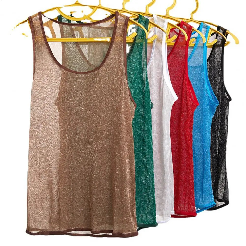 Mens Mesh Tank Top Sleeveless Glittery Transparent Vest Casual See Through Muscle Tee Shirt for Daily Wear Gym Fitness 250407