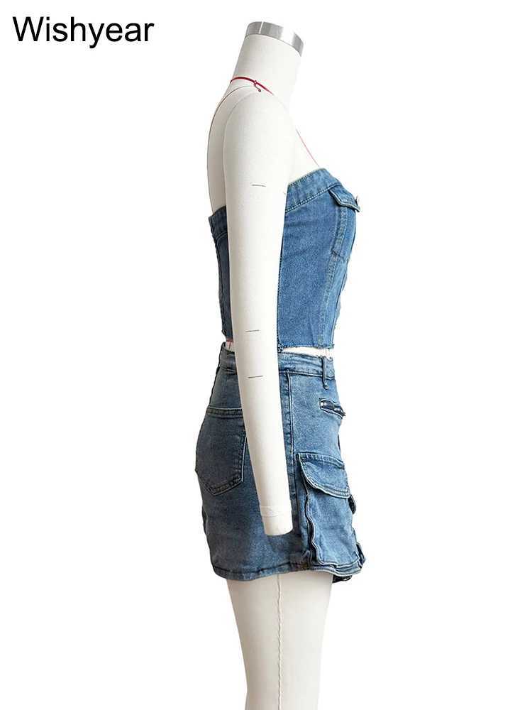 Fashion pocket irregular shorts and tube top 2-piece set denim stretch womens summer birthday club womens clothingXJ250411