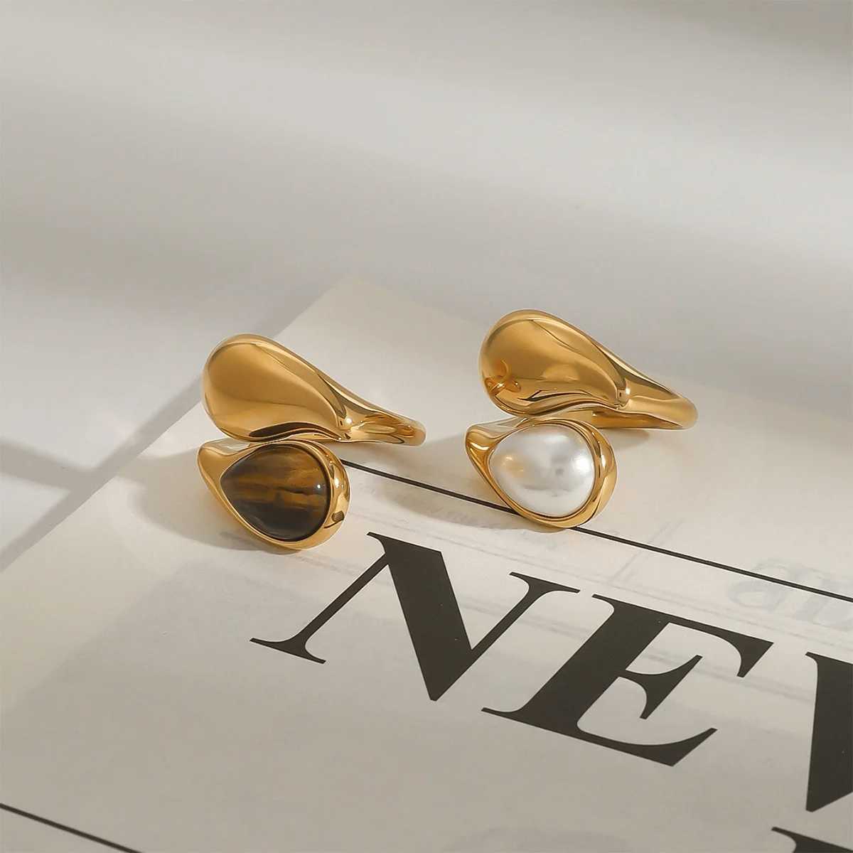 Yori popular stainless steel pearl natural tiger stone finger ring 18K gold galvanized popular sweet jewelry engagementXJ250412