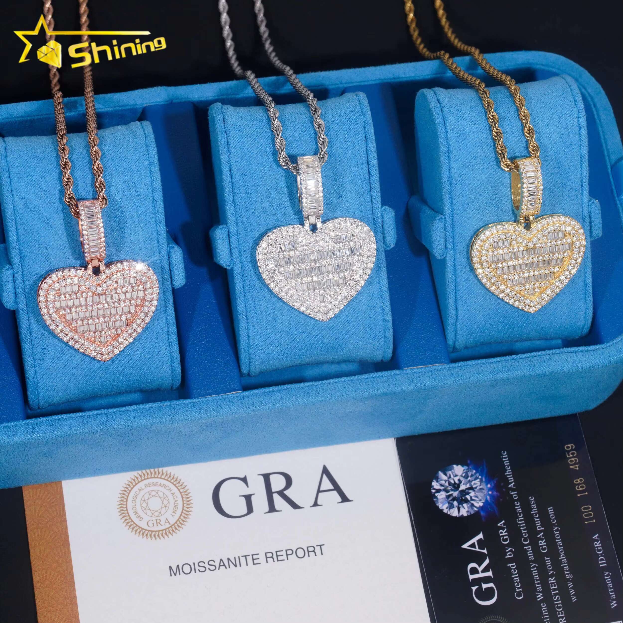 Promotion Pass Diamond Tester 925 Sterling Silver Gold Plated Custom Made Iced Out Hip Hop Heart Baguette Moissanite Pendant