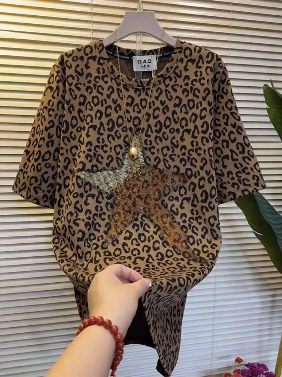 Leopard Print sequined womens short sleeved T-shirt loose fit top for summer 250410