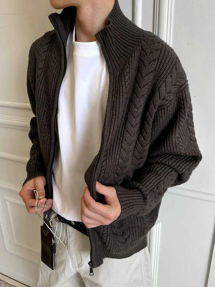 Vintage Textured Knit Outerwear Men Fall Winter Daily Casual Zipper Turtleneck Sweatercoats Mens Fashion Slim Knit CardigansXJ251112 - view 5