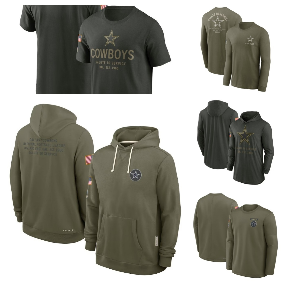 Cowboys Men Women Youth Olive 2025 Salute to Service Sideline Standard Hooded Pullover