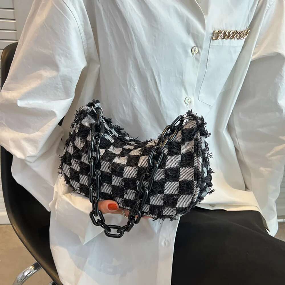 Vintage Women Casual Shoulder Underarm Bag Plaid Pattern Printing Denim Small Purse Ladies Chain Leisure Handbags