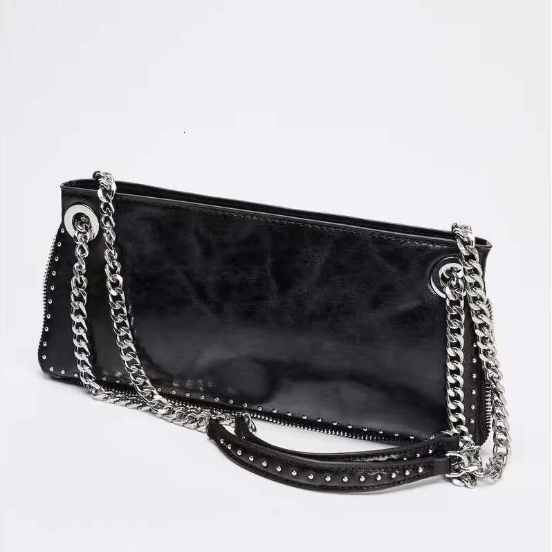 Women's 2025 Black Rivet Decoration Extended Zipper Multi Purpose New Bag