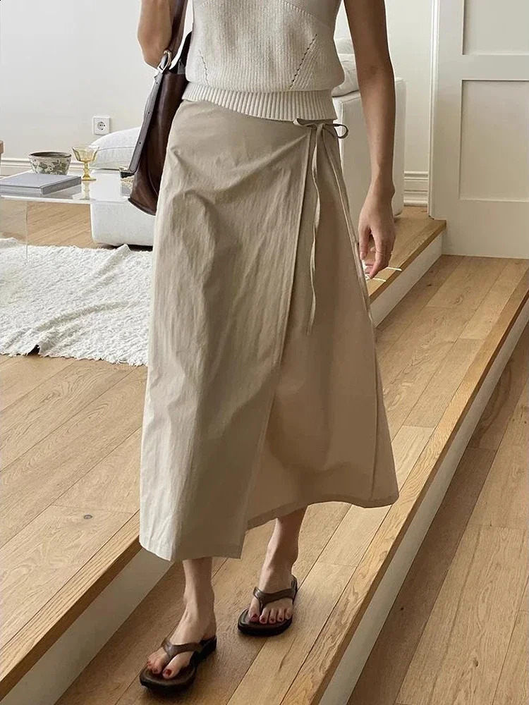 Womens Long Skirt Spring Cotton Line Korean Chic Straight Skirt for Women Solid Color Khaki High Waist A-line Skirt Women 250407