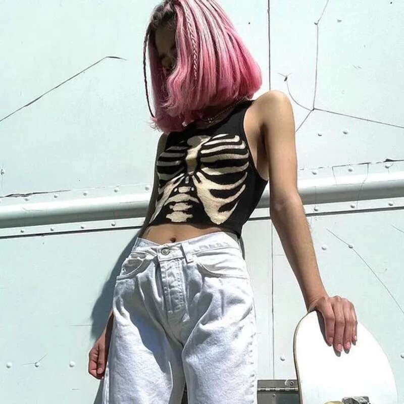 Summer Tops Women Punk Vintage Cosmic Skeleton Printing Tank Black Goth Clothes Haruku O-Neck Short Sleeve Crop Top T Shirt