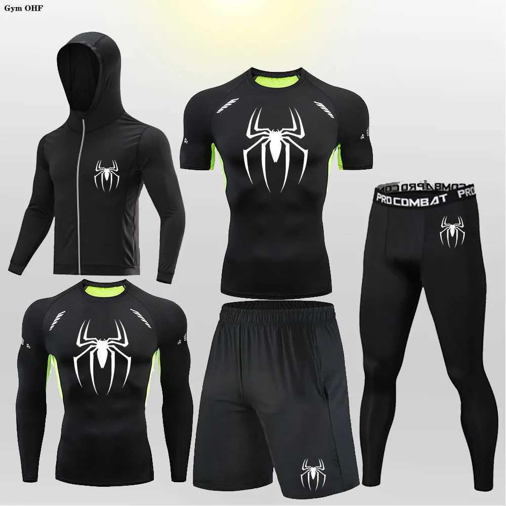 Sports suit mens Rashguard Jujutsu T-shirt pants BJJ gym boxing jersey Kickboxing Muay Thai shorts tight fitness spider print W250422