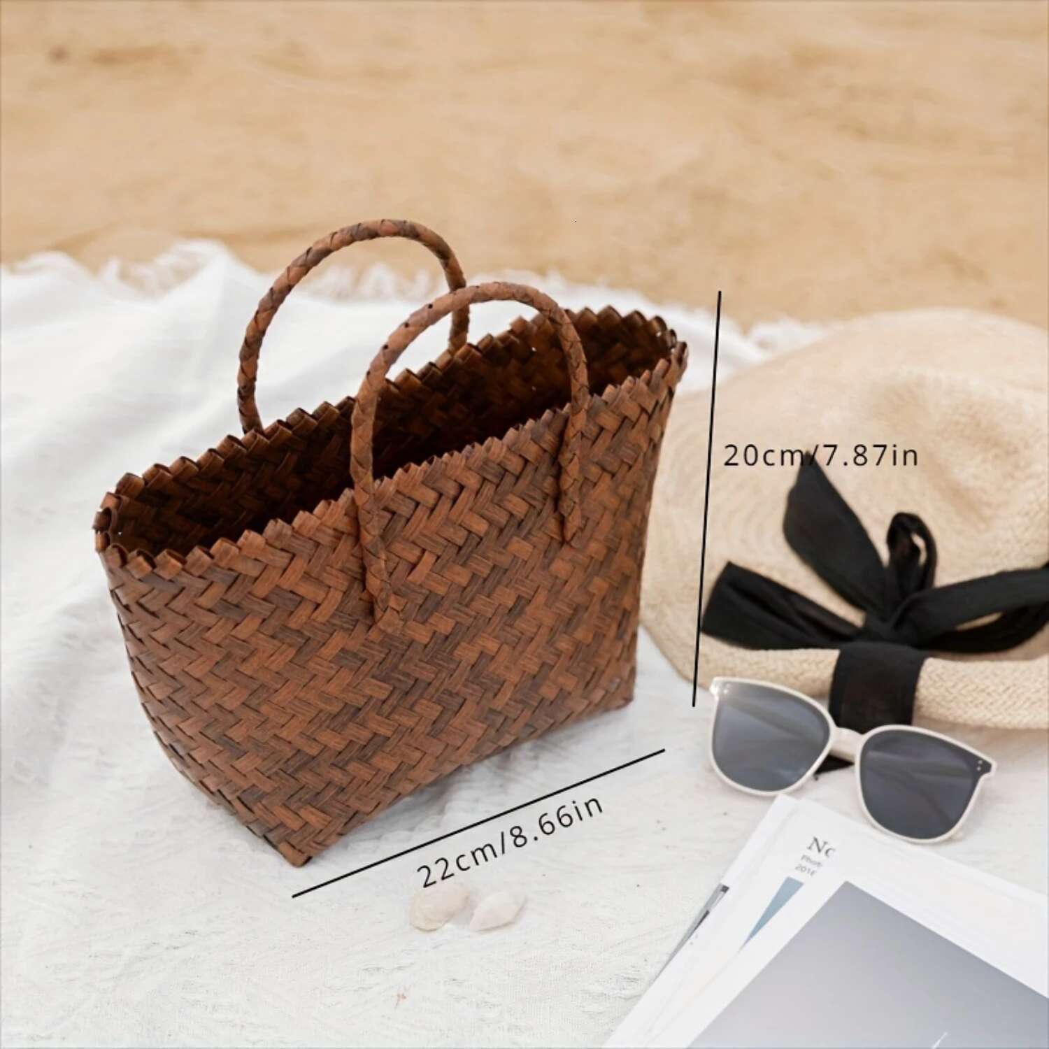 Imitation Rattan Woven Tote Small Vegetable Basket Bag, Women Travel Vacation Beach Bag