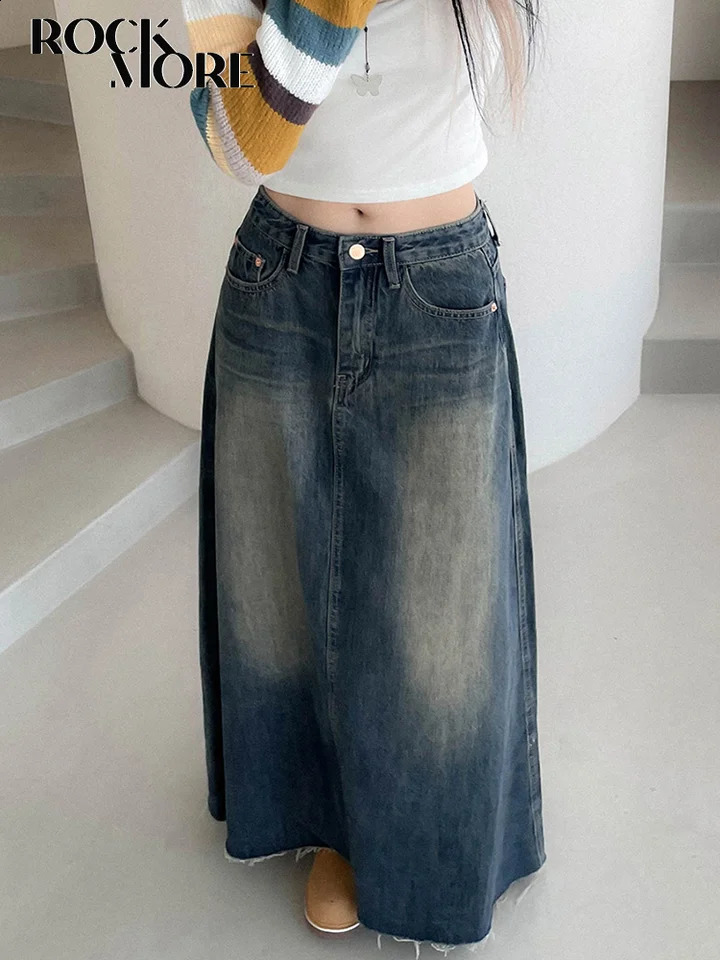 Rockmore Vintage Jean Skirt Fashion WomenS Denim Long Skirts Women Y2K Aesthetic Fairycore Midi Skirt Harajuku Casual Korean 250407